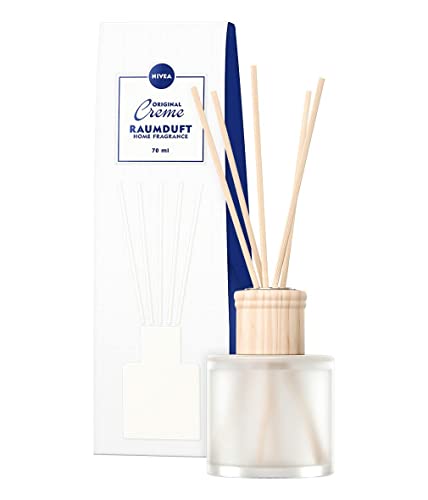 NIVEA Ambientador Original en Crema (70 ml), Varillas aromáticas con la Famosa Nota de Crema Nivea, Delicado ambientador en Recipiente de Vidrio Esmerilado