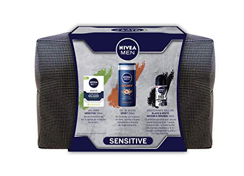 NIVEA MEN Sensitive Neceser, set de baño con desodorante roll on invisible (1 x 50 ml), gel de ducha (1 x 250 ml) y bálsamo aftershave (1 x 100 ml), set para hombre