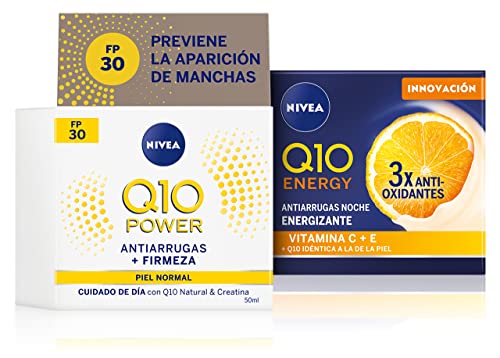 Nivea Q10 Energy Crema de Noche Antiarrugas, 50ml + Power Antiarrugas Cuidado de Día Triple Defensa FP30 (1 x 50 ml), crema hidratante antiarrugas, crema facial con protector solar 30, crema de día