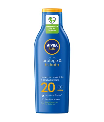 NIVEA SUN Protege & Hidrata Leche Solar FP20 (1 x 200 ml), protector solar hidratante y resistente al agua con protección UVA/UVB, protección solar media