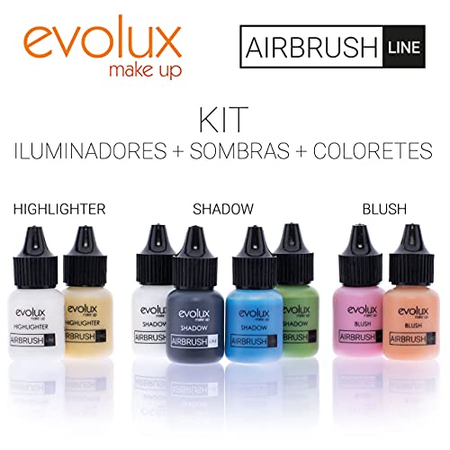 NOCHE Y DÍA EVOLUX Noche y Día Evolux Maquillaje Fluido para Aerógrafo, Kit Iluminadores, Sombras y Coloretes, 8 Colores -Perla/Oro/Rosa/Melocoton/Negro/Blanco/Verde/Azul, 10 Mililitros