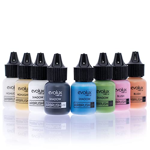 NOCHE Y DÍA EVOLUX Noche y Día Evolux Maquillaje Fluido para Aerógrafo, Kit Iluminadores, Sombras y Coloretes, 8 Colores -Perla/Oro/Rosa/Melocoton/Negro/Blanco/Verde/Azul, 10 Mililitros