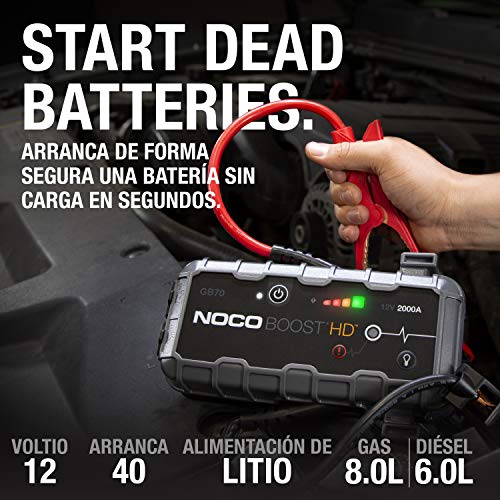 NOCO Boost HD GB70, Arrancador de Batería UltraSafe 2000A 12V, Cargador de Booster Profesional y Cables de Arranque de Coche por Gasolina de hasta 8 litros y Motores de Diésel de hasta 6 litros