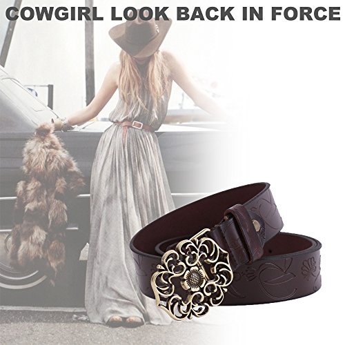 NormCorer Cinturón de cuero de la hebilla de la flor del cuero genuino de las mujeres para los pantalones vaqueros (115 cm de largo, café)