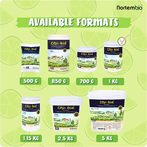 Nortembio Ácido Cítrico 1 Kg. Polvo Anhidro, 100% Puro. para Producción Ecológica. E-Book Incluido.