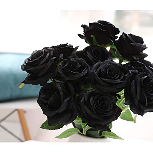 Nubry Flor de Rosa de Seda Artificial de un Solo Tallo de Rosa Falsa para el Ramo de Bodas Arreglos Florales Decoración del Centro de Mesa para Fiestas en casa, 10pcs (Negro)