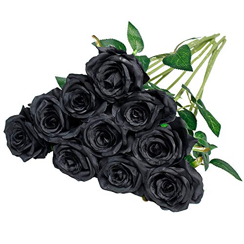 Nubry Flor de Rosa de Seda Artificial de un Solo Tallo de Rosa Falsa para el Ramo de Bodas Arreglos Florales Decoración del Centro de Mesa para Fiestas en casa, 10pcs (Negro)