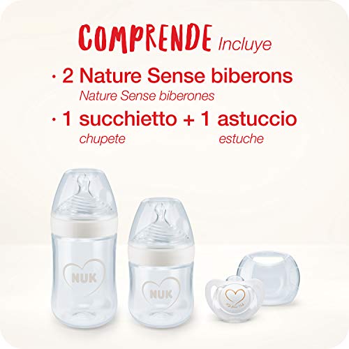 NUK Nature Sense kit de biberones de iniciación, 0-18 meses, 2 biberones anticólico y chupete Genius, Sin BPA, Gris y blanco, 4 unidades