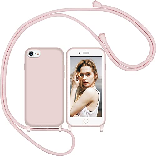 Nupcknn Funda Silicona Líquida con Cuerda para iPhone 7/8/iPhone SE 2020, Carcasa Suave Silicona Case con Correa Colgante Ajustable Collar Correa de Cuello Cadena Cordón(Oro Rosa)