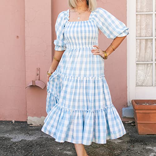 OBEEII Mamá e Hija Vestido de Verano a Juego con la Familia Vestido de Manga Corta con Cuello Cuadrado Vestido de Princesa Niña/Mujer Vestidos Largos Elegantes Trajes Familiares Azul Claro MujerL