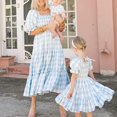 OBEEII Mamá e Hija Vestido de Verano a Juego con la Familia Vestido de Manga Corta con Cuello Cuadrado Vestido de Princesa Niña/Mujer Vestidos Largos Elegantes Trajes Familiares Azul Claro MujerL