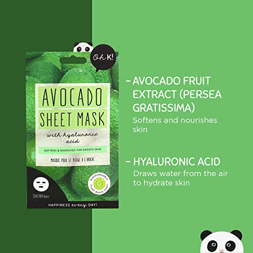 Oh K! - Mascarilla Facial de Aguacate - Nutritiva - Hidrata la Piel - Aporta Firmeza y Elasticidad al Rostro - Mascarillas Coreanas - Con Peonía y Centella Asiática - No Testada en Animales