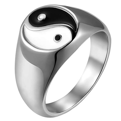 OIDEA Anillo de hombre y mujer, de plata pulida con símbolo Yin Yang de acero inoxidable, Ba Gua, blanco, tai Chi, regalo para amantes, mejor amigo/mejor amigo, tamaño a elegir plateado