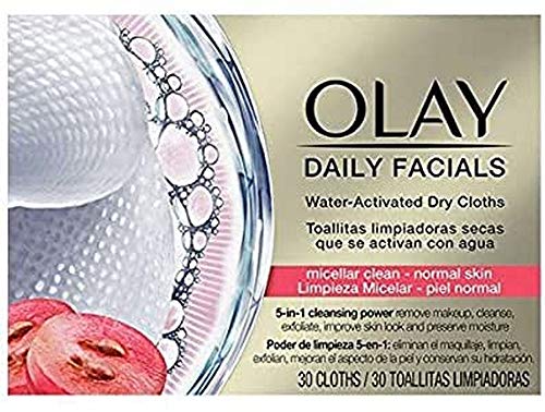 Olay Daily Facials Toallitas Secas Activadas con Agua, Limpieza Micelar, Piel normal, Poder de limpieza 5 en 1, 30 Toallitas