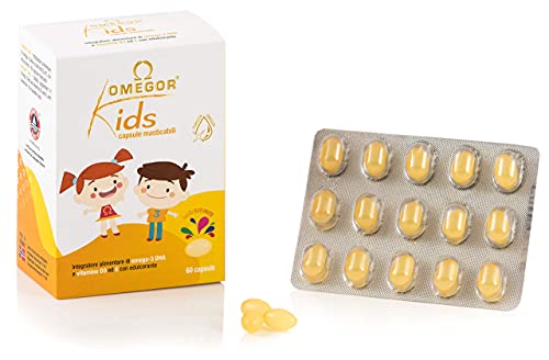 Omegor Kids - Cápsulas Blandas, en Gelatina de Pescado, Endulzadas y Masticables, 250 mg de omega-3 DHA, 60 Cápsulas