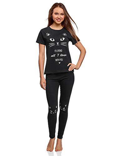 oodji Ultra Mujer Pijama con Pantalones y Estampado Gatito, Negro, ES 36 / XS