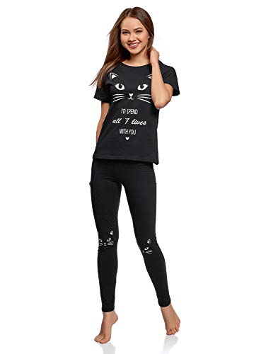 oodji Ultra Mujer Pijama con Pantalones y Estampado Gatito, Negro, ES 36 / XS