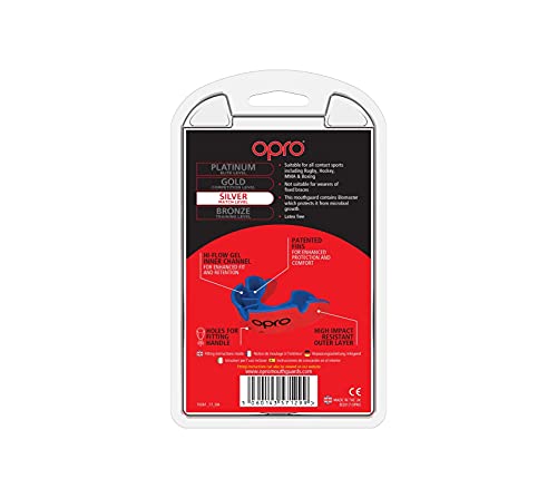 OPRO Protector Bucal Self-Fit Silver - para Rugby, Hockey, Lacrosse, fútbol Americano, Baloncesto y más - Fabricado en Reino Unido (Rojo/Azul, Adulto)