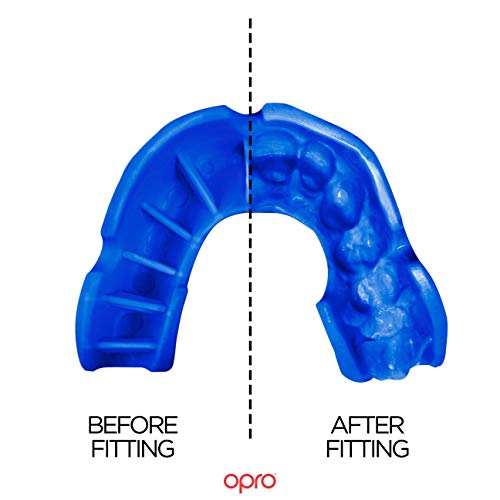 OPRO Protector Bucal Self-Fit Silver - para Rugby, Hockey, Lacrosse, fútbol Americano, Baloncesto y más - Fabricado en Reino Unido (Rojo/Azul, Adulto)