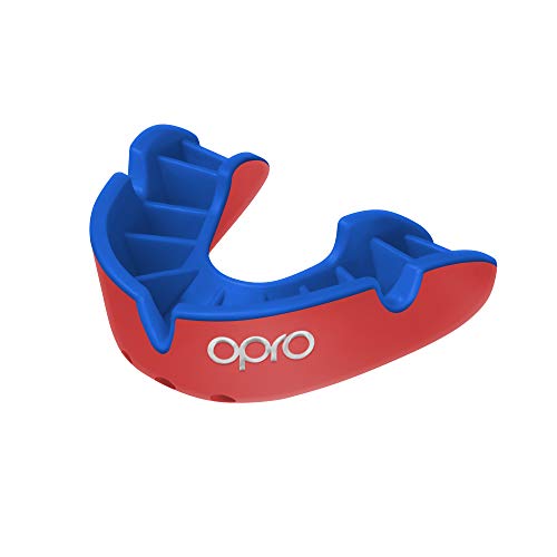 OPRO Protector Bucal Self-Fit Silver - para Rugby, Hockey, Lacrosse, fútbol Americano, Baloncesto y más - Fabricado en Reino Unido (Rojo/Azul, Adulto)