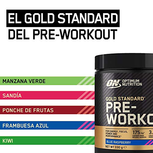 Optimum Nutrition Gold Standard Pre Workout en Polvo, Bebida Energética con Creatina Monohidratada, Beta Alanina, Cafeína y Vitamina B Complex, Frambuesa Azul, 30 Porciones, 330g