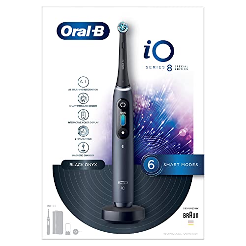 Oral-B iO 8 Cepillo de Dientes Eléctrico con Mango Recargable, Tecnología Magnética de Braun, 1 Cabezal de Recambio, Pantalla a Color, Cargador y Funda de Viaje Premium - Negro, Edición Especial