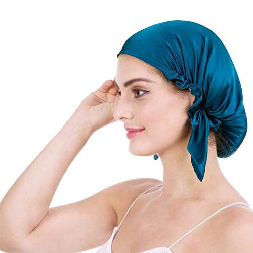 OROPY Emmet Gorro de Dormir Mujer 100% Pura Seda Sombrero para Dormir elástico Hace Que tu Cabello se Sienta Sedoso y Mantiene el Estilo (Talla única, Azul Pavo Real)