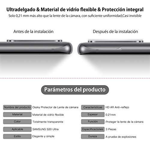 Ossky Protector de Lente de cámara para Samsung Galaxy S20 Ultra,[3 Piezas] 9H de Dureza/Anti-Rasguños/Anti-Polvo/Cristal Templado CámaraTrasera Lente Protector de Pantalla para Galaxy S20 Ultra.