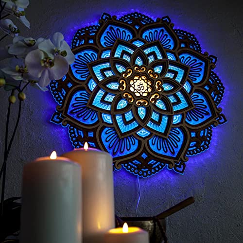 OWEISAUG Mandala Yoga Room Round Night Light, Lotus Flower Sculpture with Glowing LED, 3D Multilayered Laser Cut Carved LED, for Indoor Wall Hanging, Yoga Meditation Decor (A)