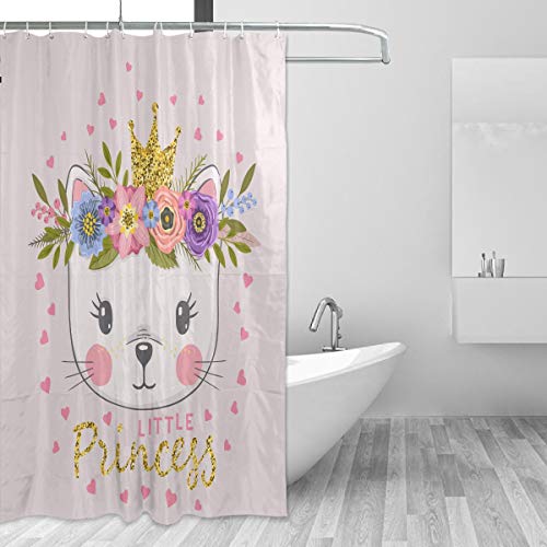 Pac Mac Lindo Gato Princesa con Corona y Corona Cortina de ducha para baño, Cortina de ducha de tela impermeable con ojales en forma de C, 152 x 183 cm