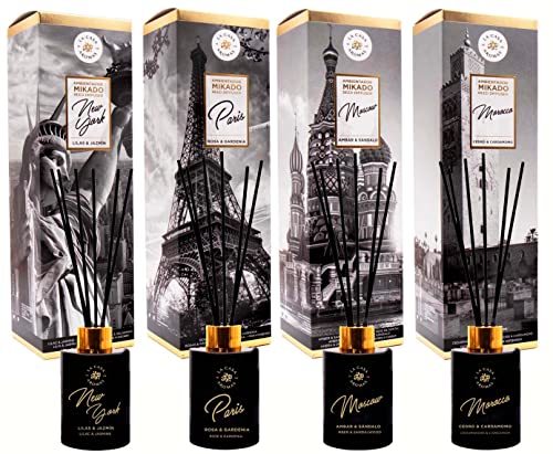 Pack 4 Ambientadores Mikados Travel New York, Paris, Morocco, Moscow / 100 ml / Made in Spain (Pack 4 Modelos)