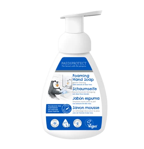 PAEDIPROTECT Jabón de manos líquido Niños Adultos 250 ml, sin perfume e hidratante, jabón antibacteriano con aloe vera y glicerina, limpiador, inmunitario y regenerador, jabón de manos vegano