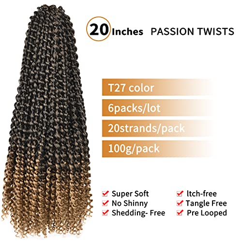 Paquete de 6 trenzas de ganchillo Passion twist, 20 pulgadas, ondas de agua, trenzado de cabello, trenzas sintéticas, bomba, primavera, trenzado, extensiones de cabello, 20 hebras / paquete (T27)