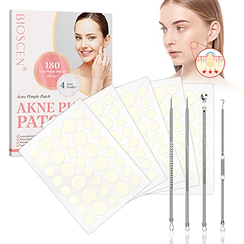 Parches Acne 180pcs, Acne Patch Hidrocoloides Contiene Aceite Arbol del Te para Acne Tratamiento, Pimple Patch Invisible y Impermeable con 4 Herramientas de Quitar, Parches Granos con 2 Tamaños