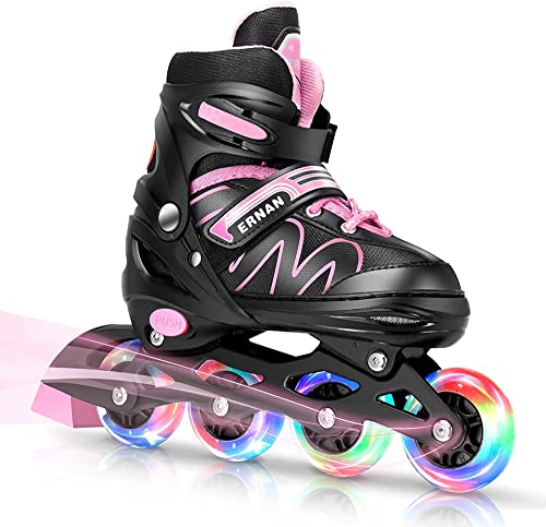 Patines en línea para niños, ajustables, unisex, para principiantes, con ruedas luminosas, ideales para niños y niñas (rosa, S)