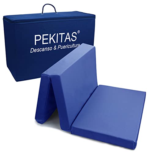 PEKITAS Colchón Cuna De Viaje Plegable 60x120 cm Grosor 6 cm - Funda de algodón lavable, transpirable, libre de toxicos,Color Azul Marino,Fabricado En España