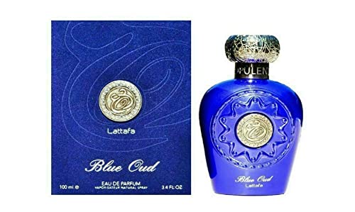 Perfume en spray Opulent Oud de Lattafa Halal Attar EDP, 100 ml, almizcle, color azul y negro