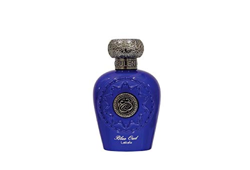 Perfume en spray Opulent Oud de Lattafa Halal Attar EDP, 100 ml, almizcle, color azul y negro