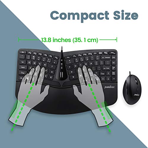 Perixx Periduo-406, Set de Teclado Compacto Ergonómico con Cable, separación de Teclas y Ratón Vertical con reposa muñeca Ajustable, Rueda de Deslizamiento, Layout Ingles US