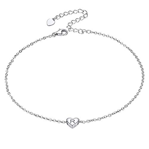 Personalizada Letra R Plata Tobillera Pulsera de Mujeres, Tobilleras de Corazón Pequeño para Playa Verano - 22cm Largo con Extensor