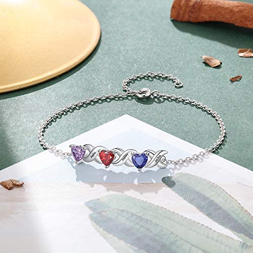 Personalizado Pulsera con Nombre Grabado Plata Ajustable Corazón Pulsera para Mujer Personalizada Regalo para Día de San Valentín Navidad Día de la Madre (3 nombres)