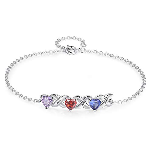 Personalizado Pulsera con Nombre Grabado Plata Ajustable Corazón Pulsera para Mujer Personalizada Regalo para Día de San Valentín Navidad Día de la Madre (3 nombres)