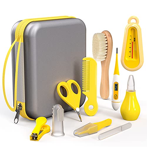 PewinGo Set para Cuidado del Bebé - 10 Piezas Kit de Aseo para Bebés,Cortador de Uñas Cepillo de Dientes de, Fácil de Transportar y Adecuado para Viajar y el Uso Diario - Amarillo