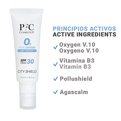 PFC Cosmetics - Crema Solar Mineral Sun Protect Pure Oxygen City Shield SPF +30 Loción Solar Protectora con Vitamina B3 Protección UVA UVB Escudo Protector Antipolución