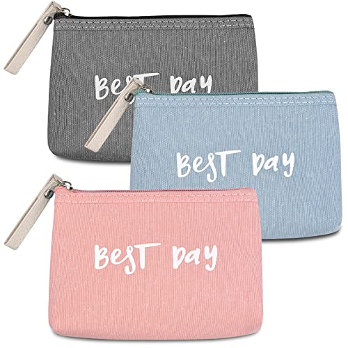 Pinsheng 3 Piezas Bolsa de Cosméticos de Lona, Lienzo Estuche Maquillaje Estampado para Llaves Monedas, Neceser de Viaje Multifuncional con Cremallera para Mujer Chicas (Gris oscuro, rosa, azul cielo)