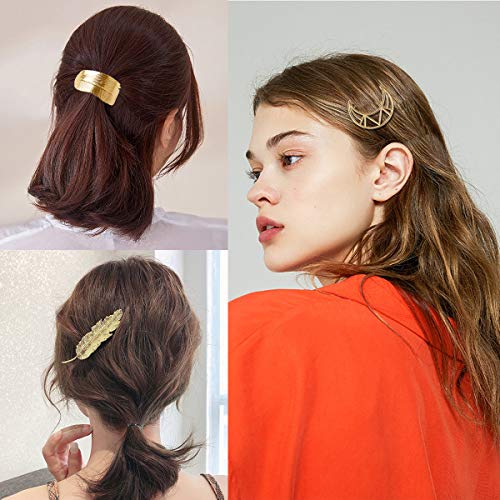 Pinzas para el Pelo de Metal Vintage Hueco Geométrico Horquillas Pelo Clip Abrazaderas Triángulo Círculo Luna Clips de Pelo para Mujeres y Chicas 12 Piezas (Oro y Plata)