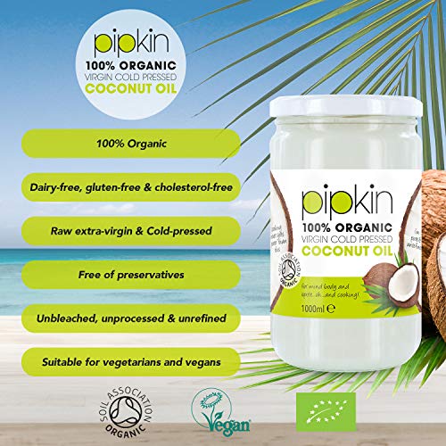 pipkin Aceite de Coco 100% Orgánico, Natural, Virgen Extra Puro. Aceite de coco Multiusos, Prensado en Frío, no GM, Hidratante de Cabello / Piel / Cuerpo. (1L)