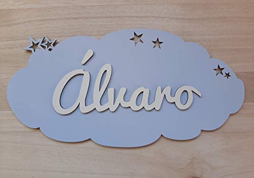 Placa nube de madera personalizada con nombre. Varios colores disponibles