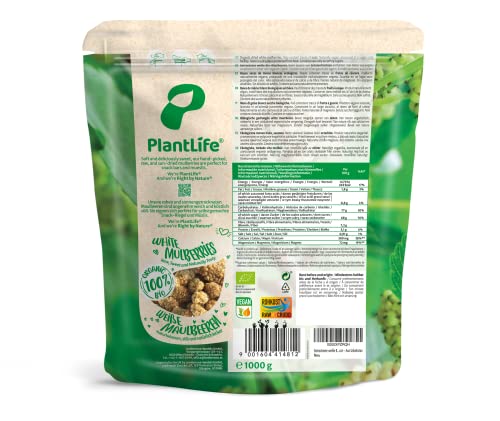 PlantLife Moras blancas BÍO 1kg – crudas – secadas al sol – sin azúcar ni conservantes sulfurosos – 100% Reciclable