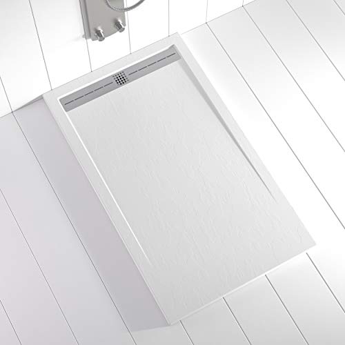 Plato de ducha Resina Shower Online FLOW - 70x120 - Textura Pizarra - Antideslizante - Blanco RAL 9003 - Incluye Rejilla Inox y Sifón - Todas las medidas disponibles